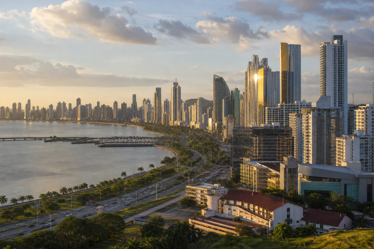 Elevated bayfront skyline view of Panama City in warm daylight