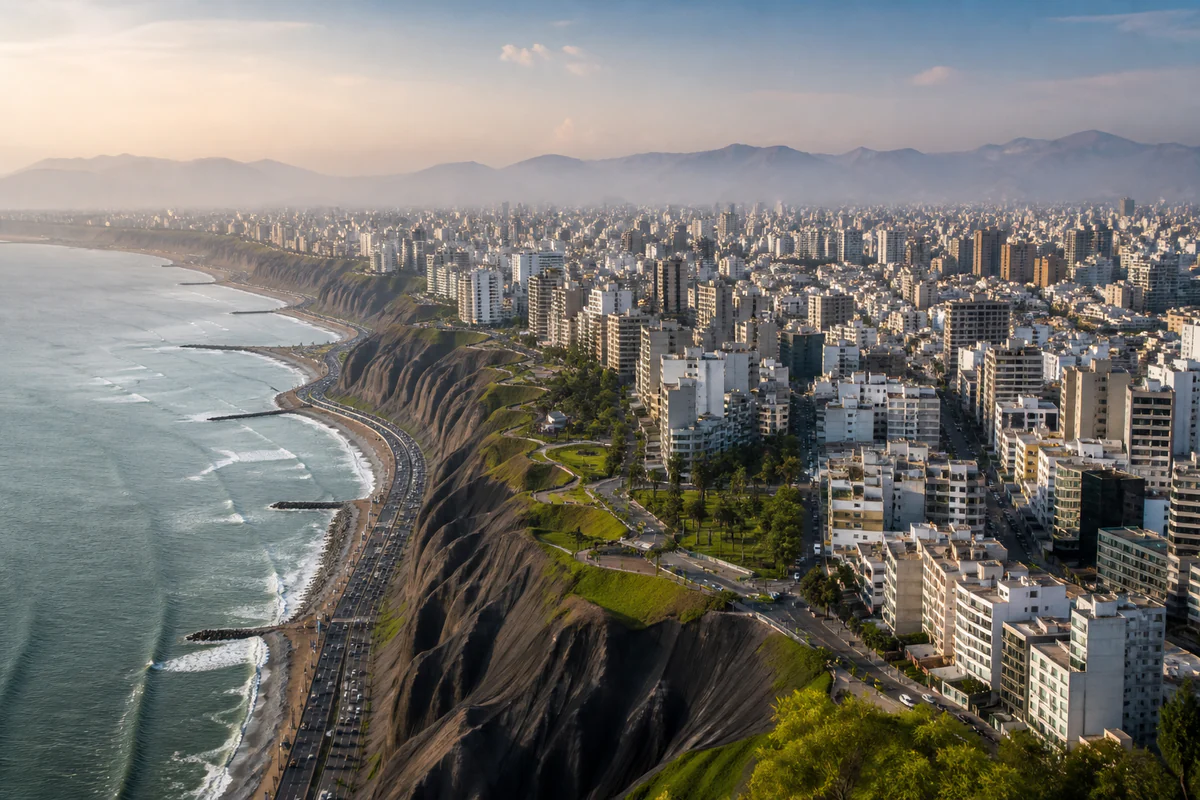 Elevated view of Lima and the Pacific coast in Peru