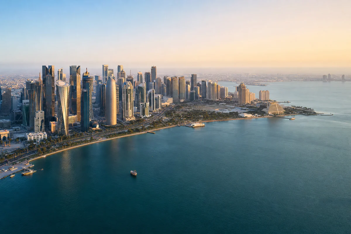 Golden-hour aerial panorama of Doha West Bay, the Corniche, and Qatar's waterfront skyline.