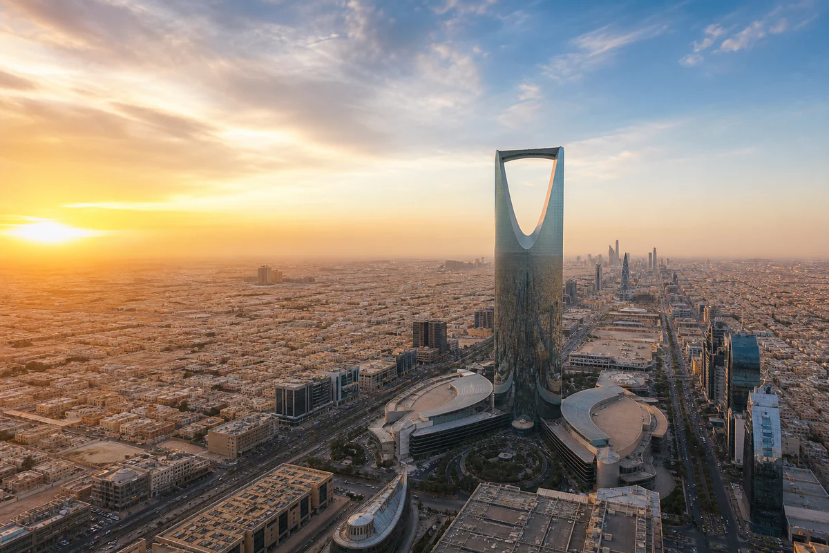 Sunrise aerial view of Riyadh with the Kingdom Centre tower and Saudi Arabia's modern city grid.
