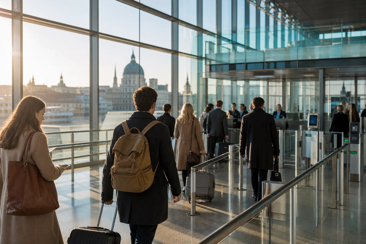 International travellers approaching a modern European airport immigration checkpoint.