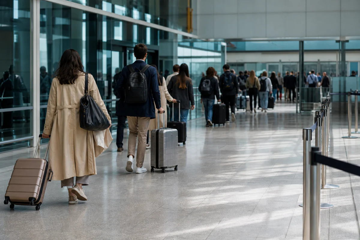 Travelers moving through European airport border control