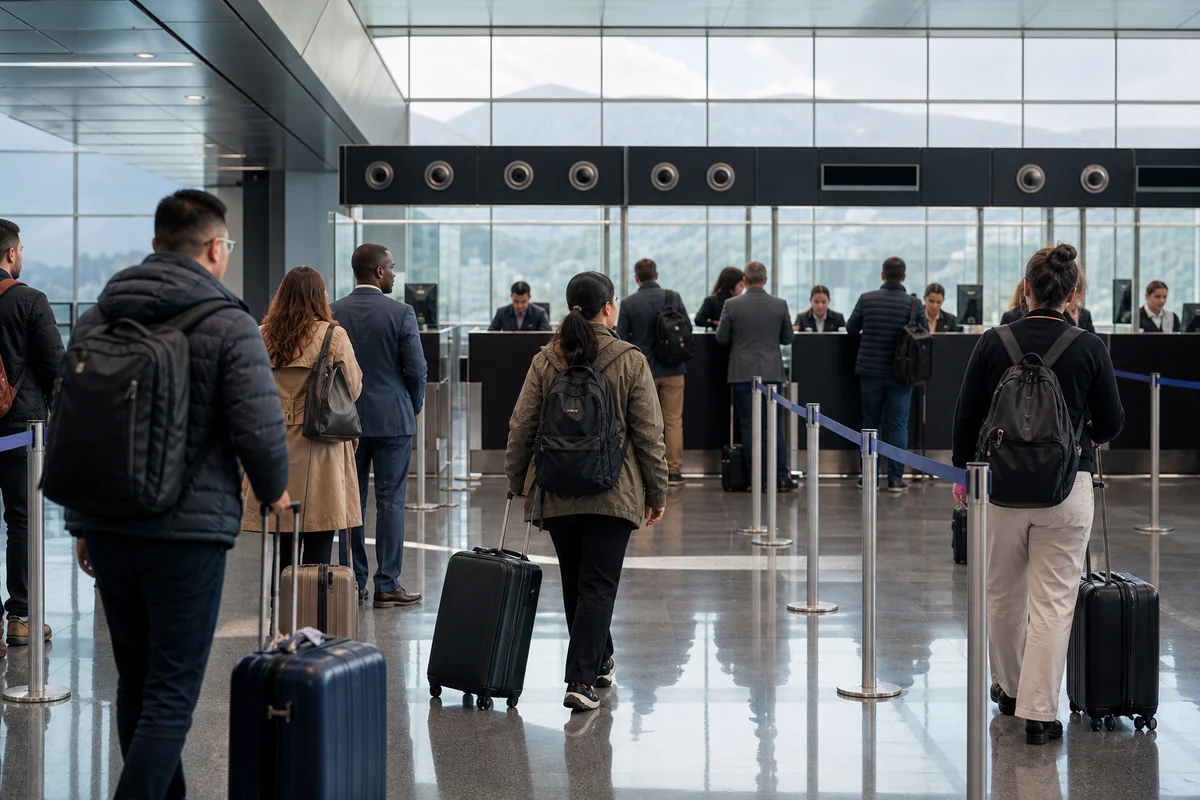 International travellers in a modern airport, illustrating Schengen Day Trackers That Don't Use GPS.