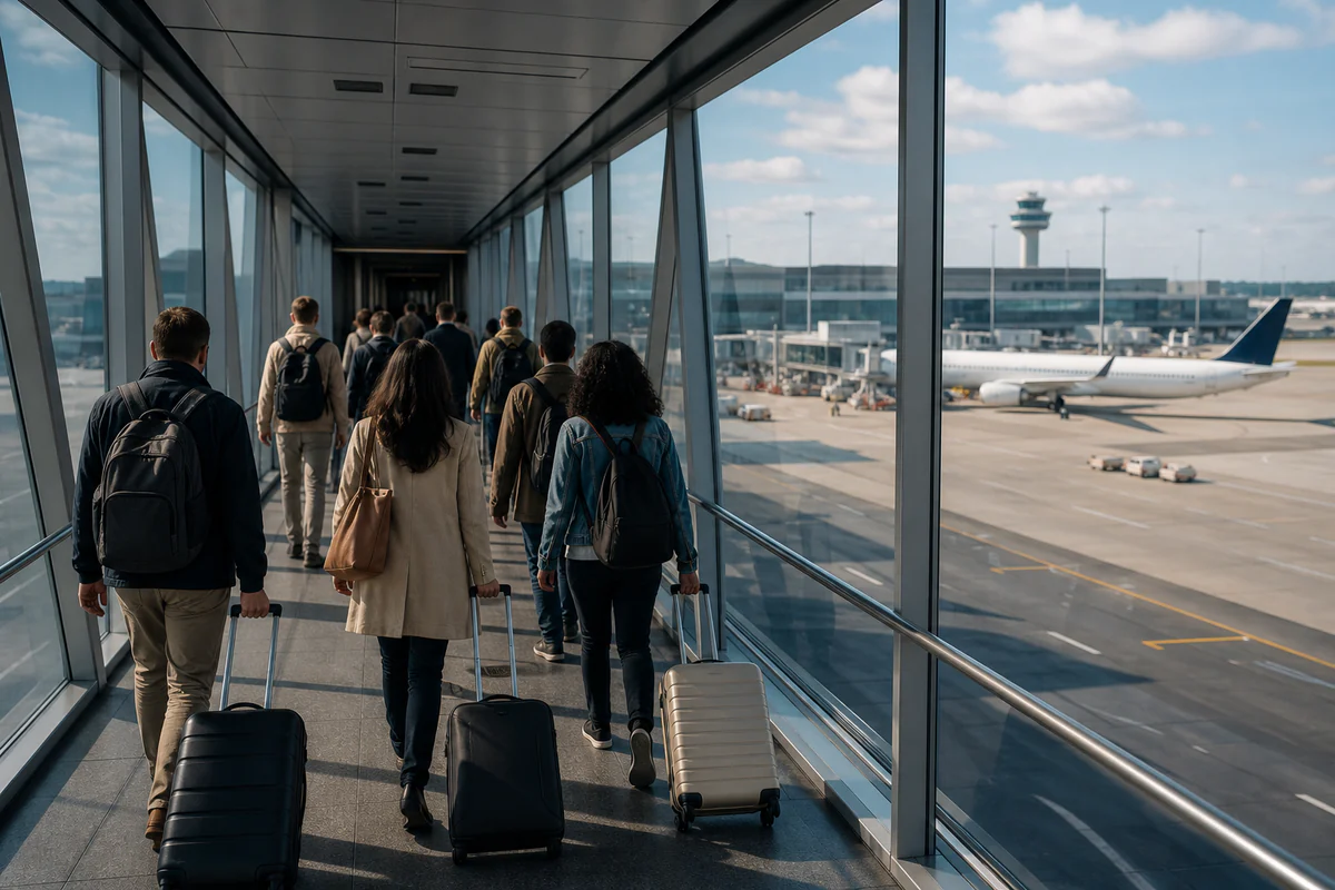 International travellers in a modern airport, illustrating Schengen Visa Overstay: Fines, Entry Bans, and What Actually Happens.