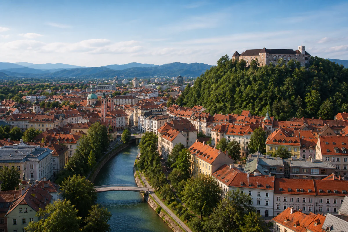 Elevated view of Ljubljana with the castle hill and old town
