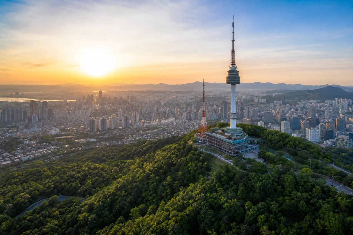 Aerial travel view of South Korea, illustrating South Korea 183-Day Tax Residency and Workcation Visa Day Counting in 2026.