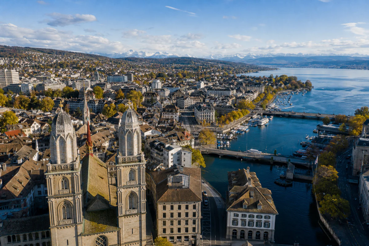 Aerial travel view of Switzerland, illustrating Switzerland Tax Residence: The 30-Day and 90-Day Rules Travelers Misread.
