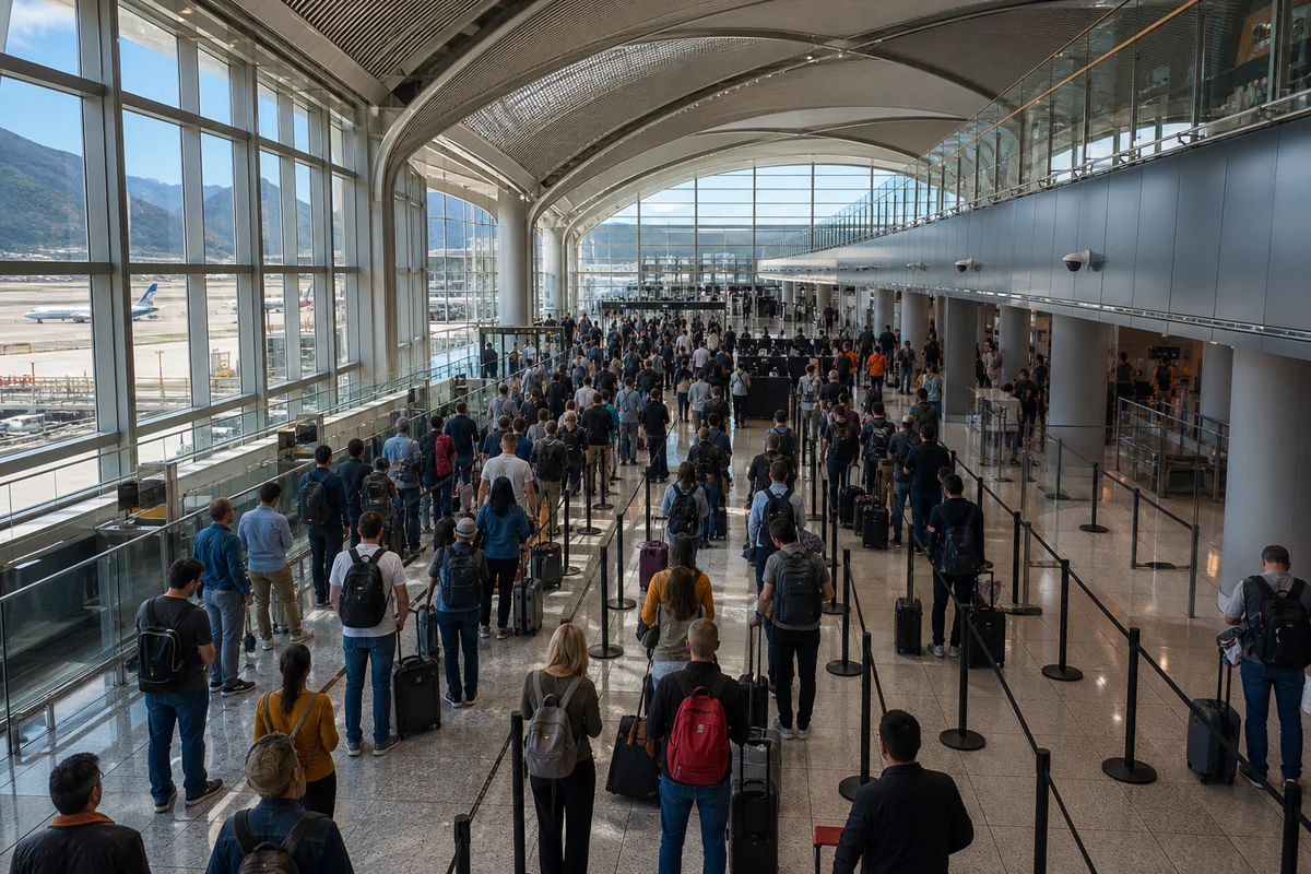 International travellers in a modern airport, illustrating Travel to Europe App: What It Does for EES Days.