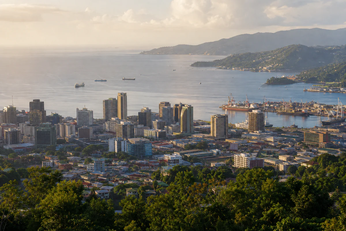 Elevated view of Port of Spain and the Trinidad coastline