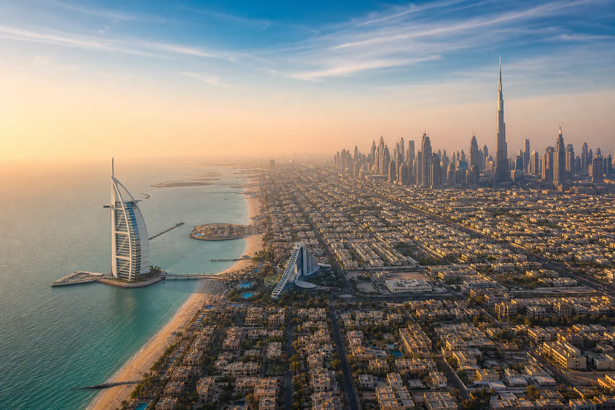 Aerial travel view of United Arab Emirates, illustrating UAE Tax Residency Certificate Day Counting: 183 Days, 90 Days, and TRC Categories in 2026.