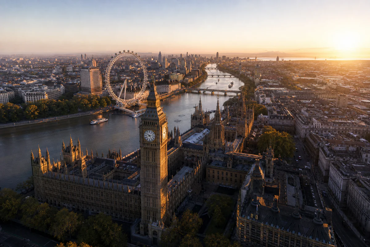 Aerial travel view of United Kingdom, illustrating UK ETA 2026: What It Does Not Replace.