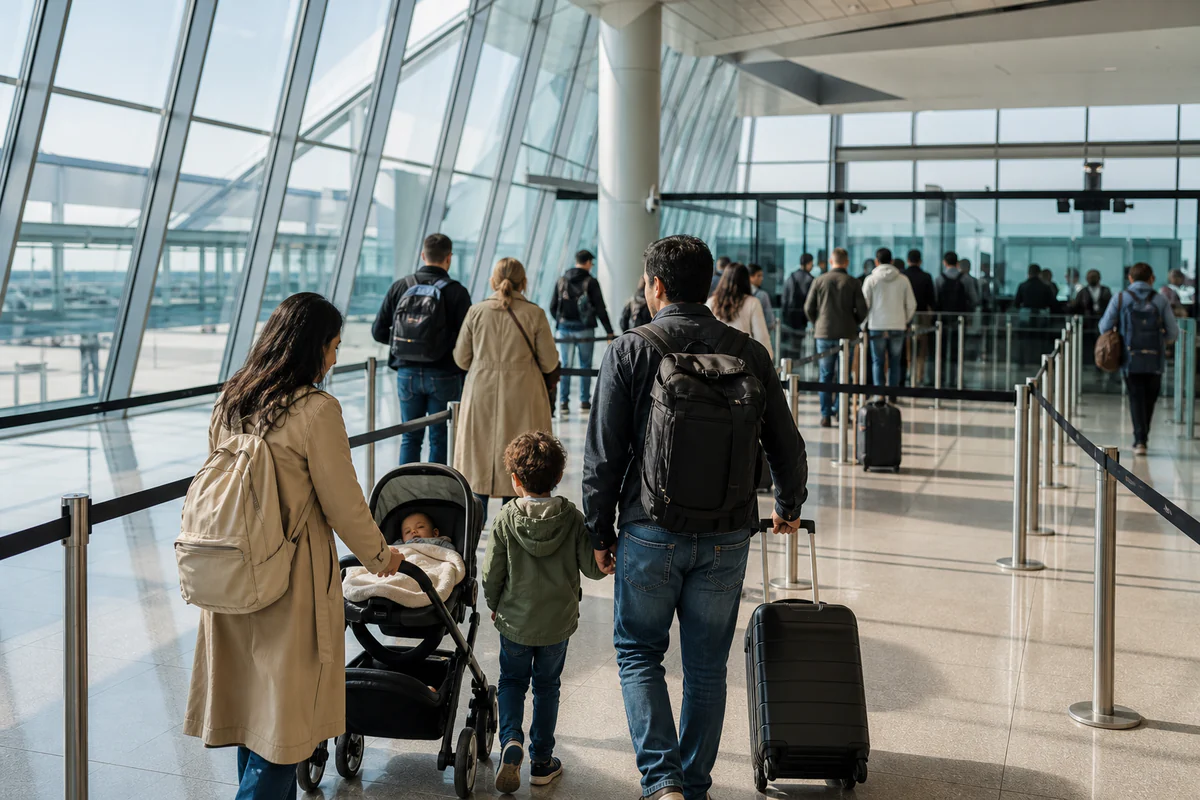 A family with a baby and child preparing passports for a journey to the United Kingdom.