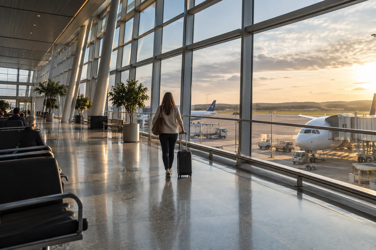A traveller with a carry-on suitcase walking through a sunlit airport departure concourse.