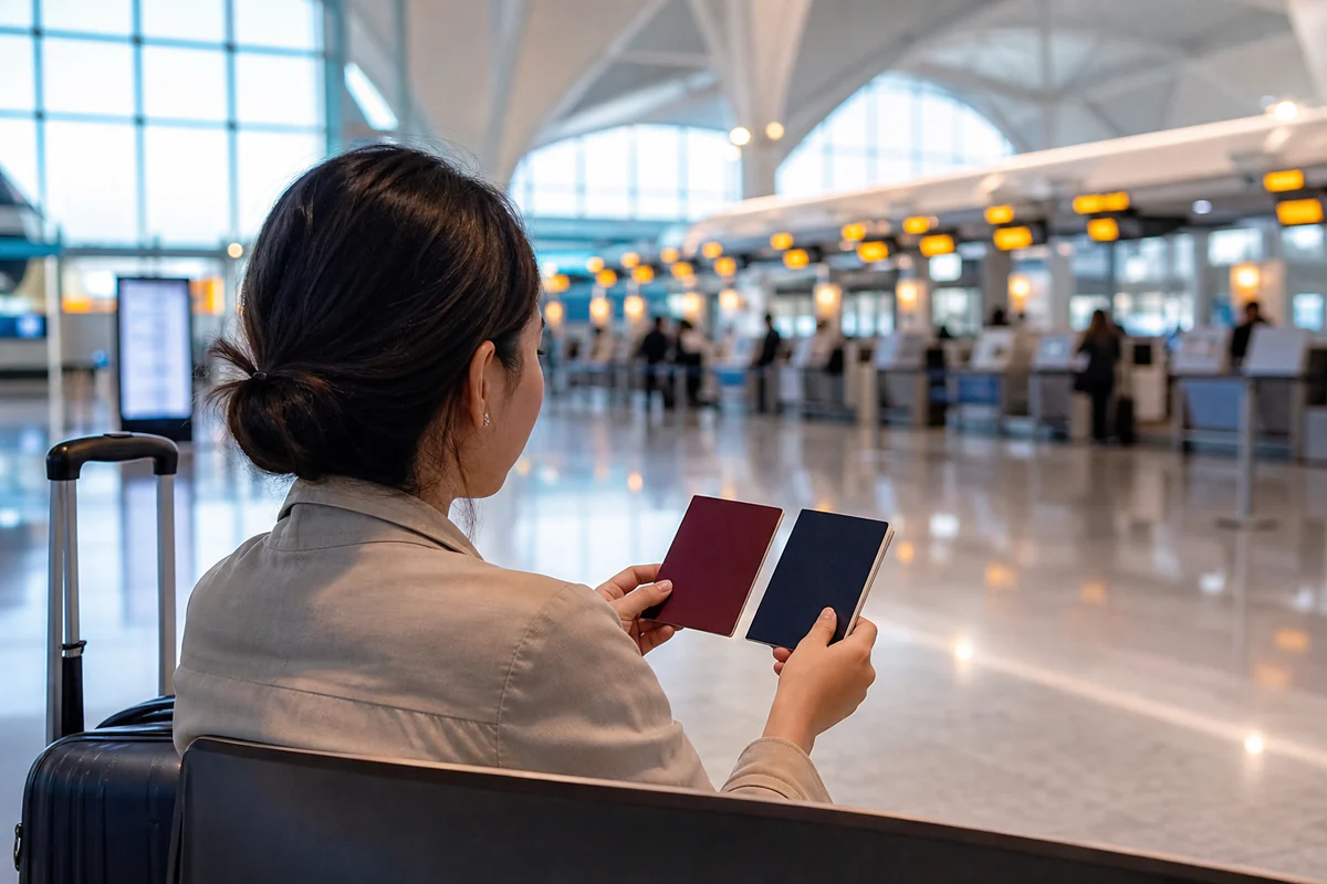 A traveller comparing an old passport and a replacement passport before a United Kingdom flight.