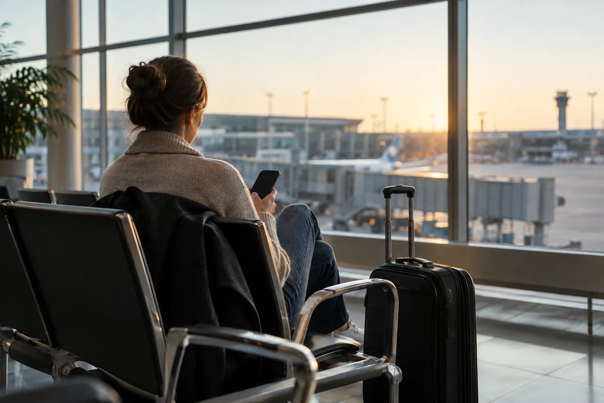 A traveller reviewing a phone beside a carry-on suitcase in a quiet airport waiting area.