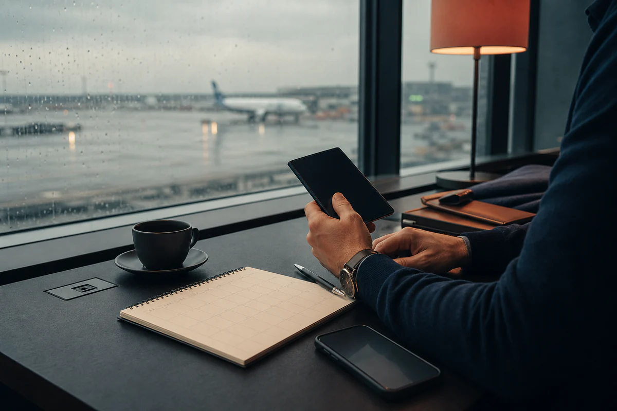 A frequent traveller reviewing a passport and calendar for UK ETA and SRT changes.