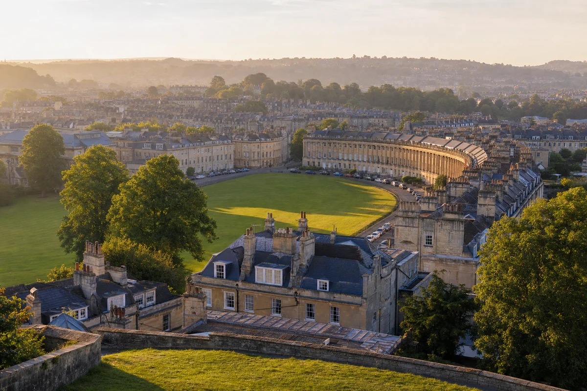 Elevated morning view of Bath's Royal Crescent and its Georgian residential streets in the United Kingdom.