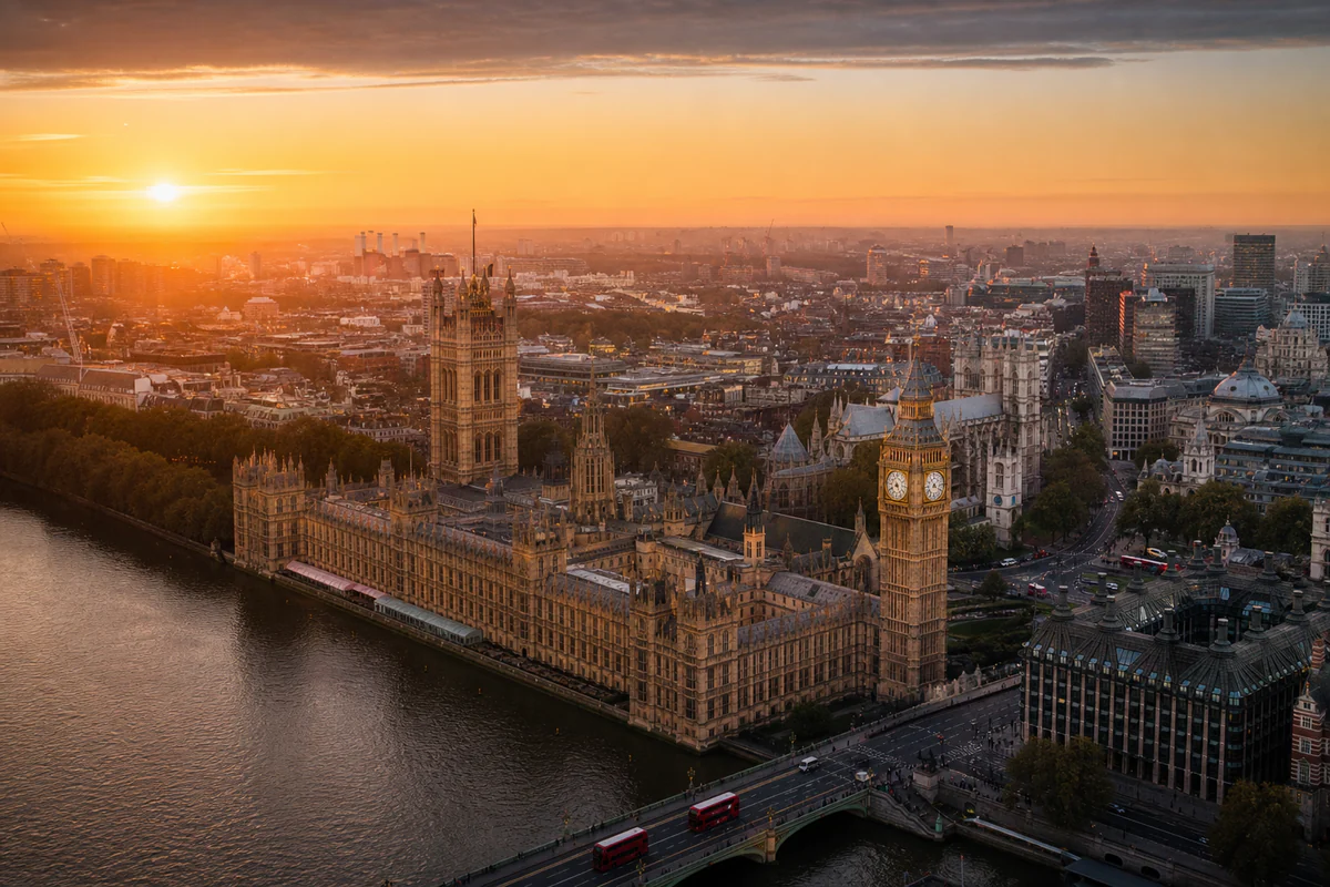 Aerial travel view of United Kingdom, illustrating UK Statutory Residence Test: How Many Days Can You Spend in the UK?.