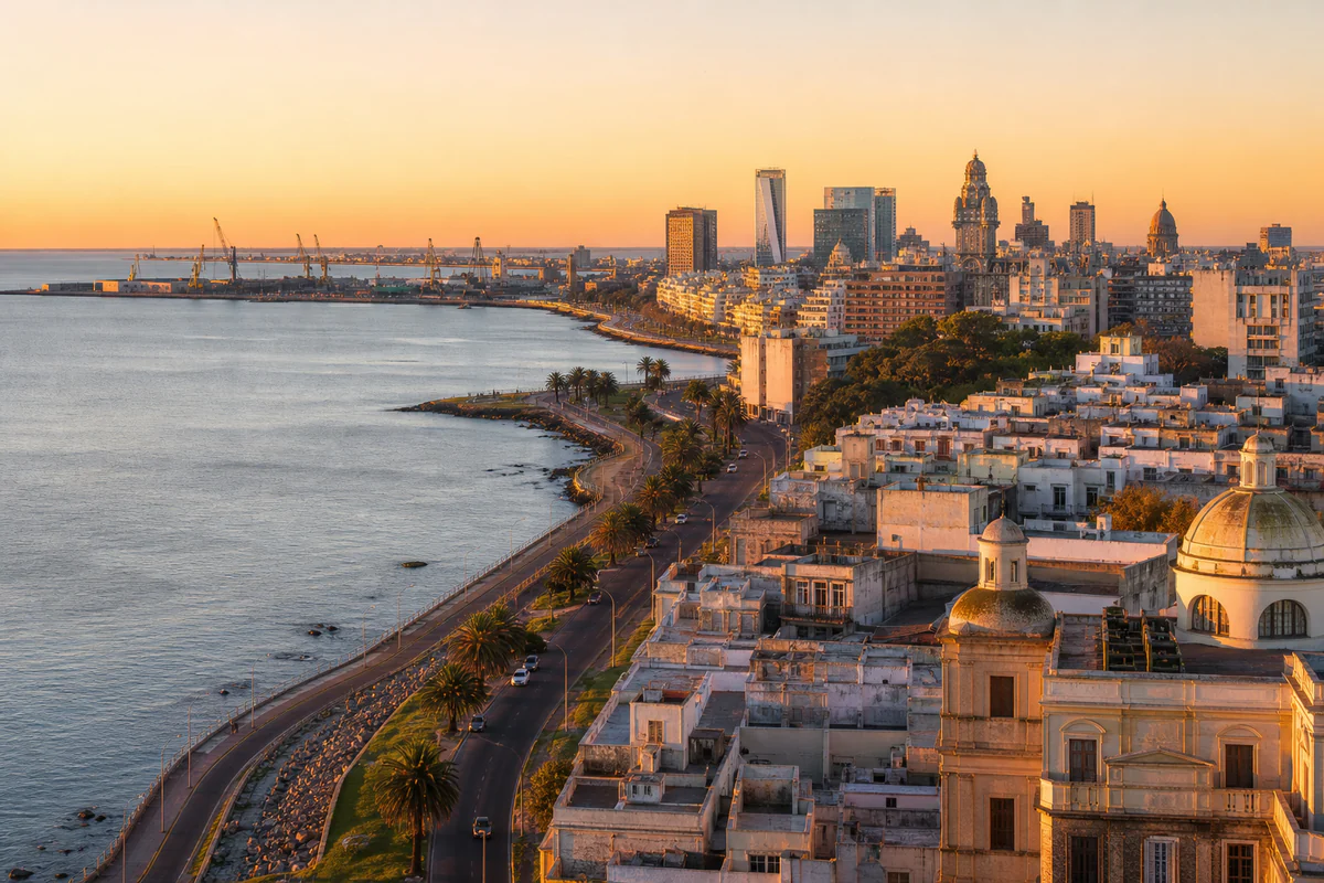 Elevated coastal city view of Montevideo, Uruguay in natural daylight