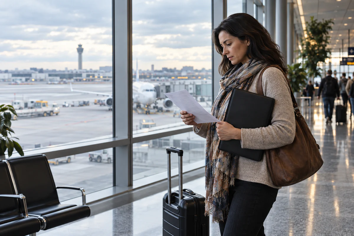 Traveller reviewing an itinerary and medical appointment dates near an airport window.
