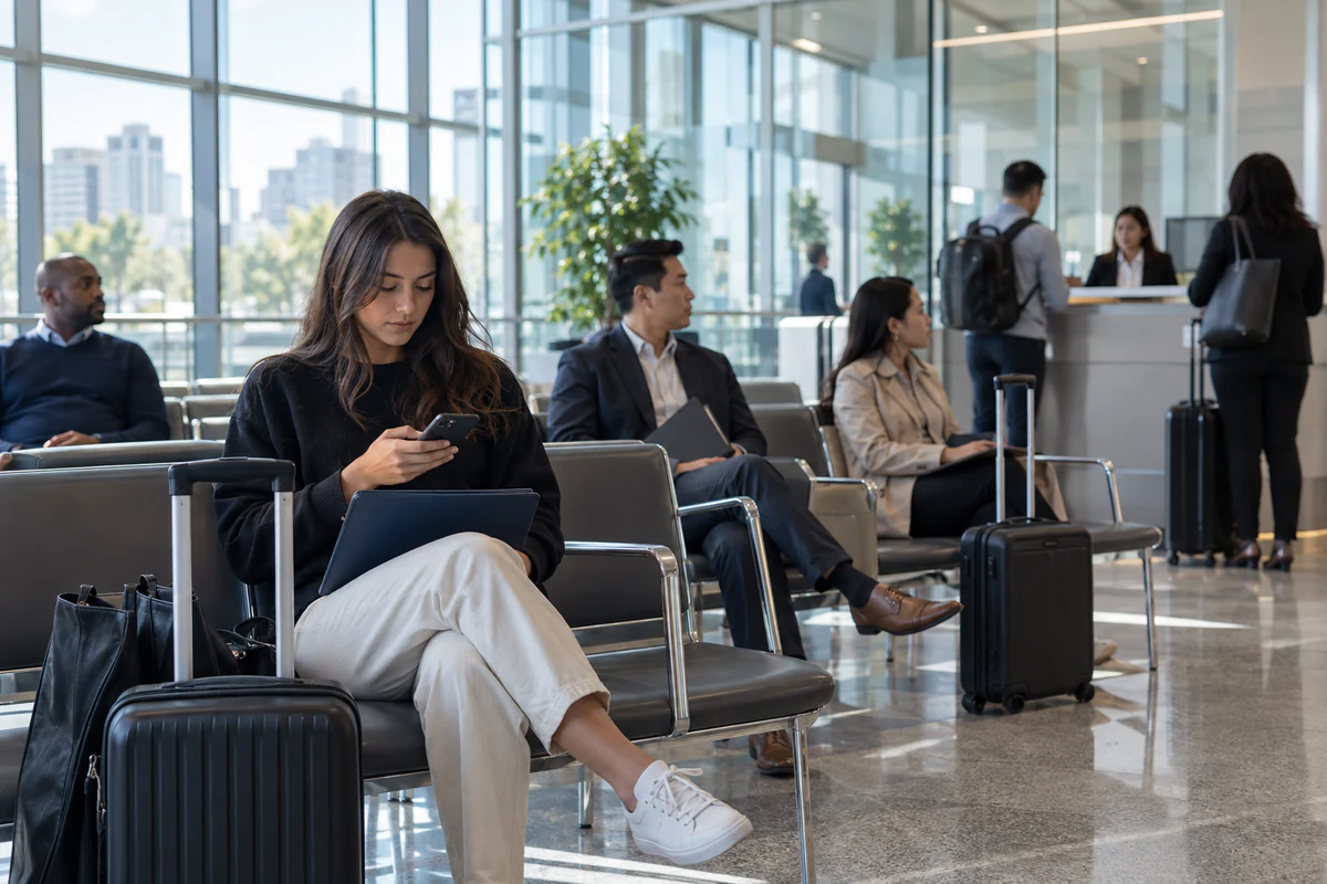 Travelers reviewing appointment documents in a U.S. embassy waiting area