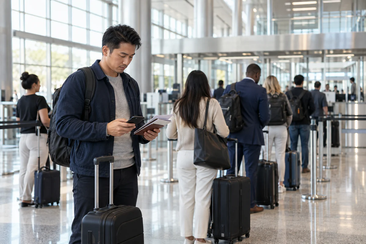 Travelers reviewing documents in a United States airport arrivals hall