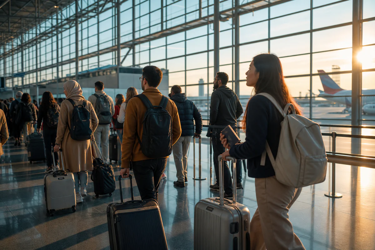 International travellers in a modern airport, illustrating Why GPS tracking apps miss days (and what that costs you).